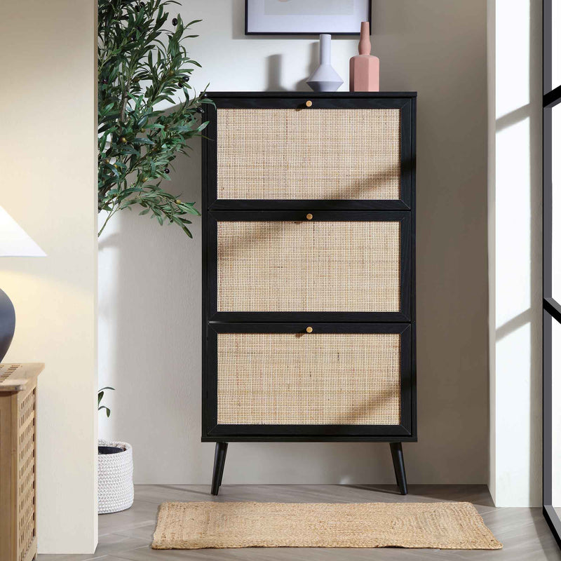 Frances Rattan 3 Tier Shoe Storage Cabinet, Black